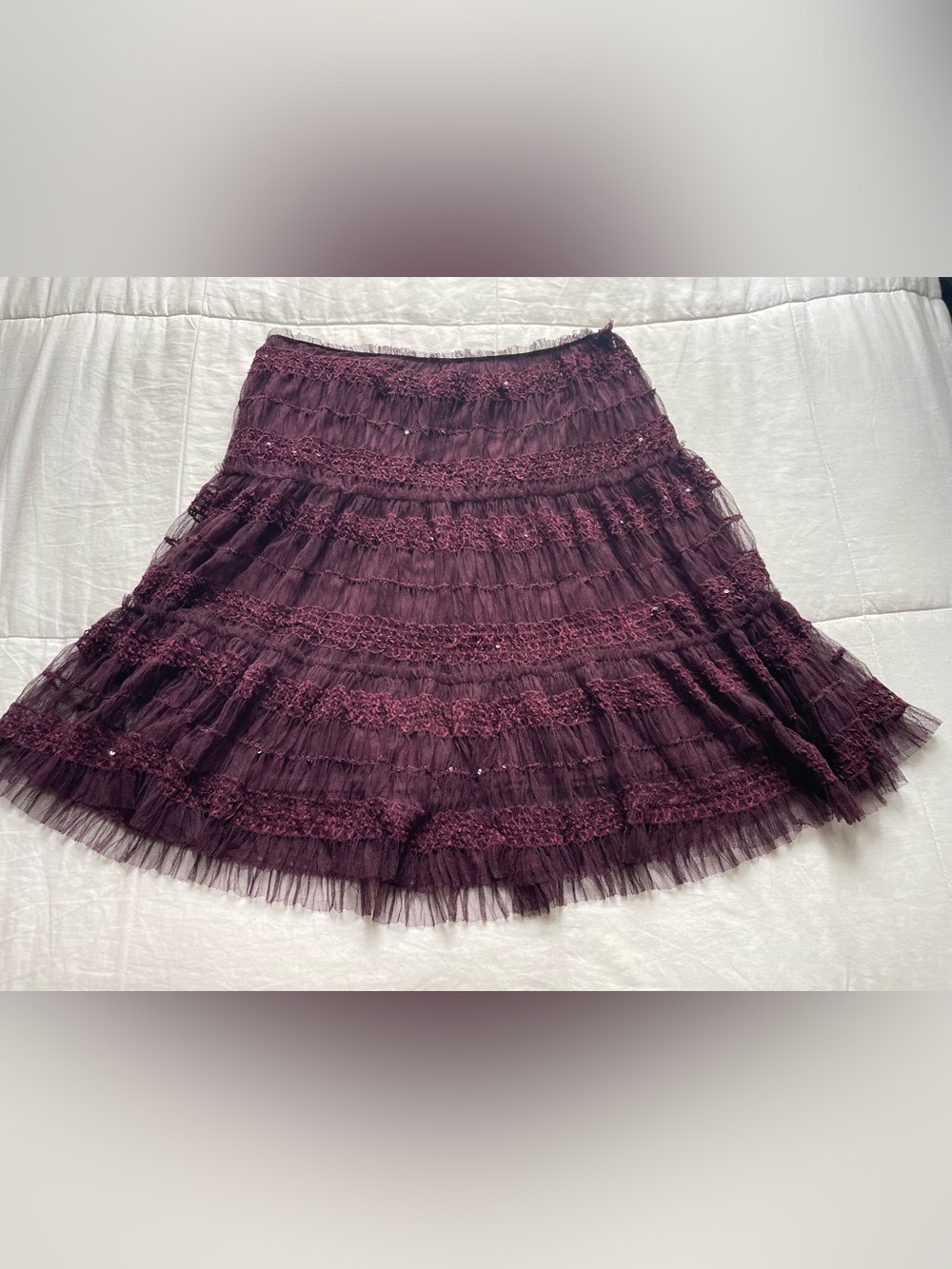 Burgundy Pull On Tulle Sequin Ruffle Midi Skirt Small Whimsigoth Witchy Fairy